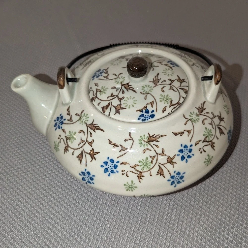 Pier 1 Imports Tomoko 6 Piece Tea Set Floral Ceramic Teapot 4 Cups Metal Stand